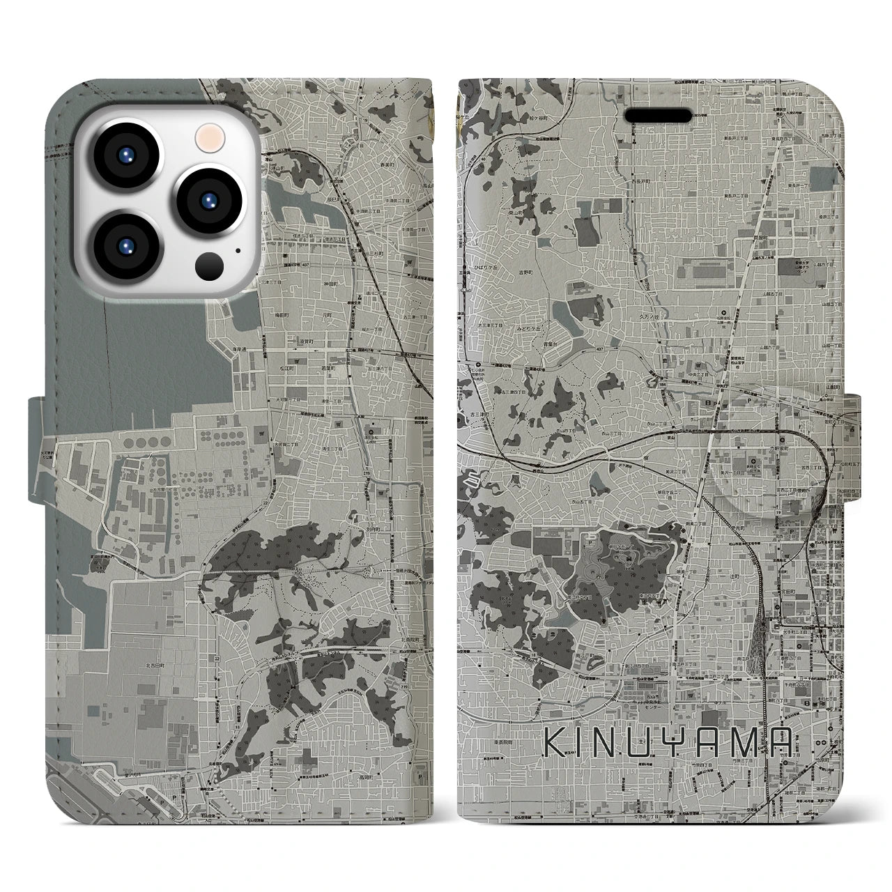 【衣山(愛媛県)】地図柄iPhoneケース(手帳タイプ)モノトーン・iPhone 13 Pro 用