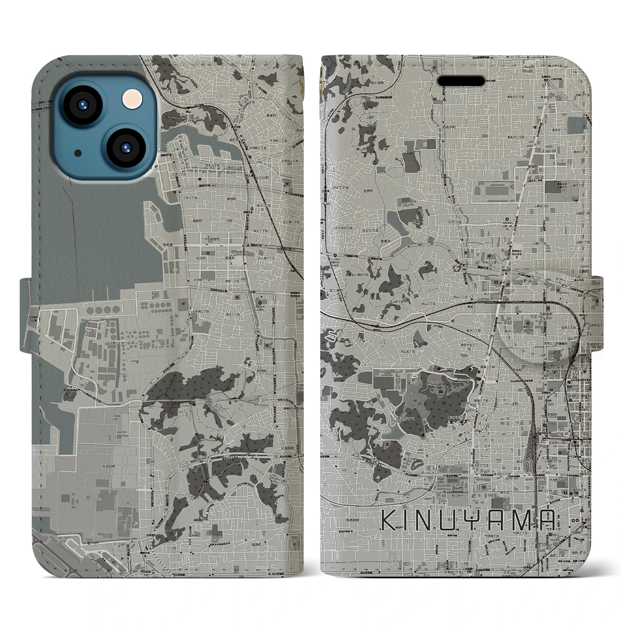 【衣山(愛媛県)】地図柄iPhoneケース(手帳タイプ)モノトーン・iPhone 13 用