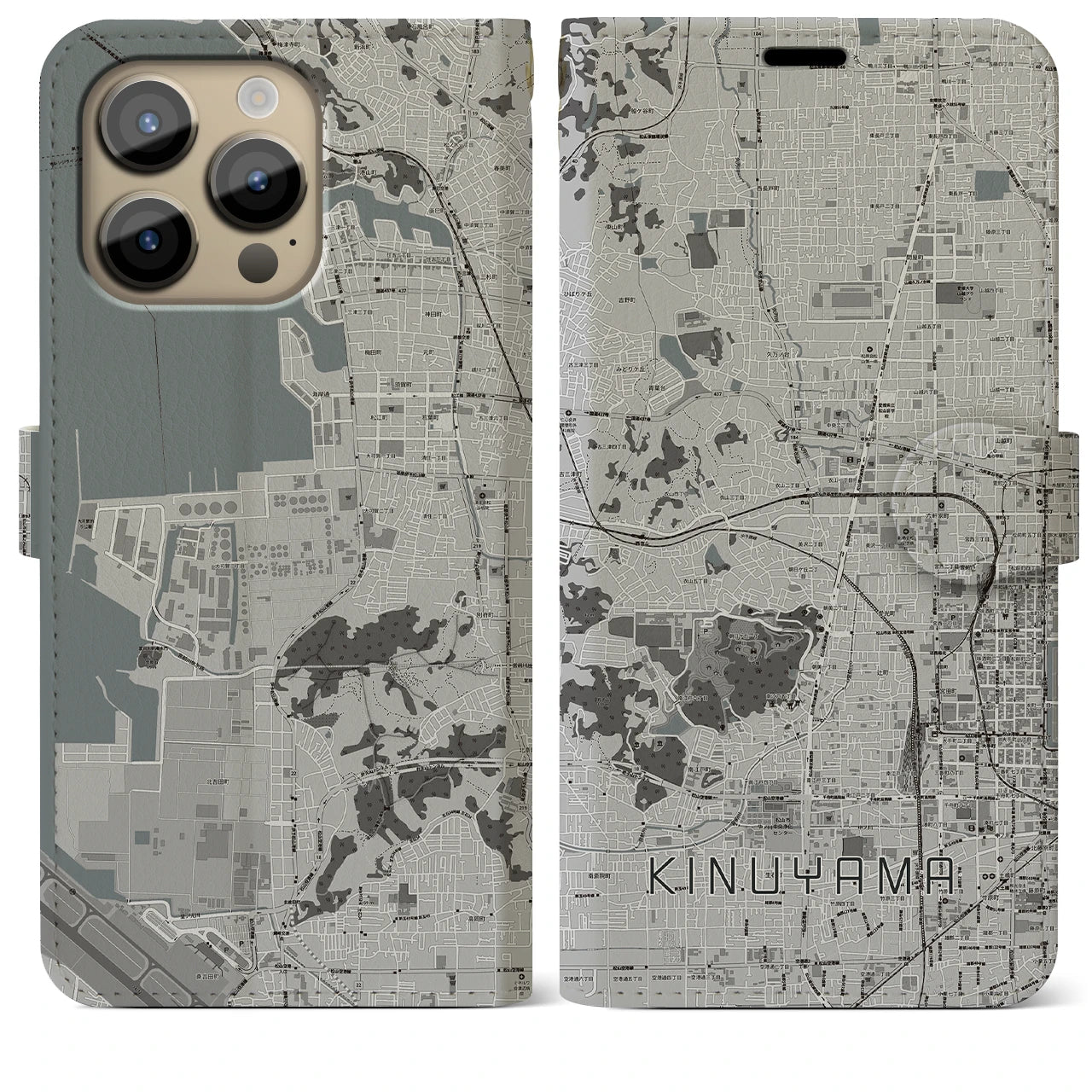【衣山(愛媛県)】地図柄iPhoneケース(手帳タイプ)モノトーン・iPhone 14 Pro Max 用