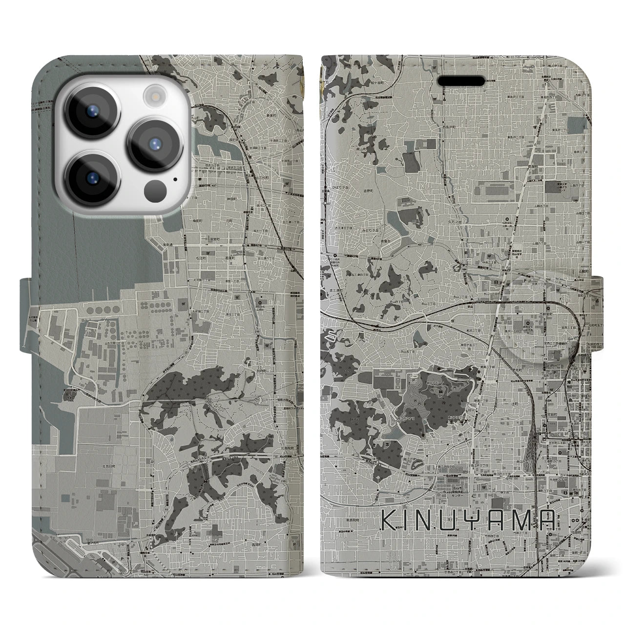 【衣山(愛媛県)】地図柄iPhoneケース(手帳タイプ)モノトーン・iPhone 14 Pro 用