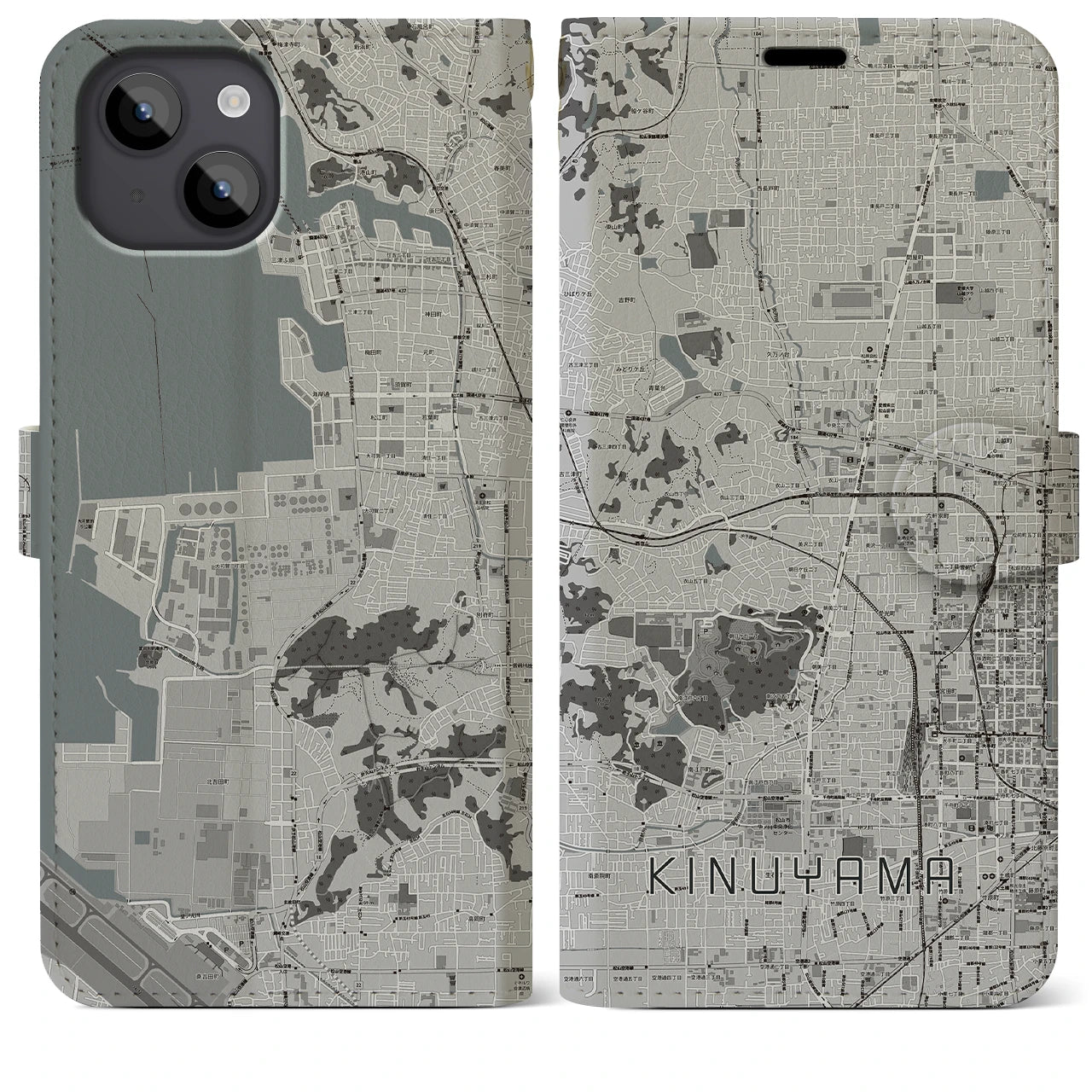 【衣山(愛媛県)】地図柄iPhoneケース(手帳タイプ)モノトーン・iPhone 14 Plus 用