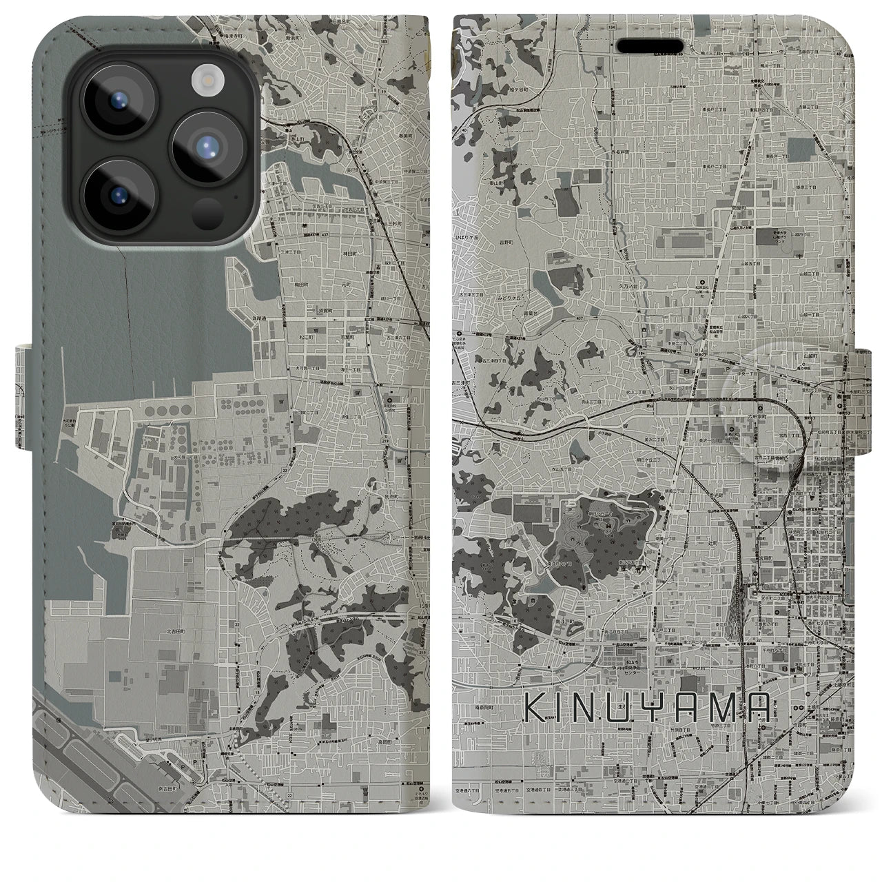 【衣山(愛媛県)】地図柄iPhoneケース(手帳タイプ)モノトーン・iPhone 15 Pro Max 用