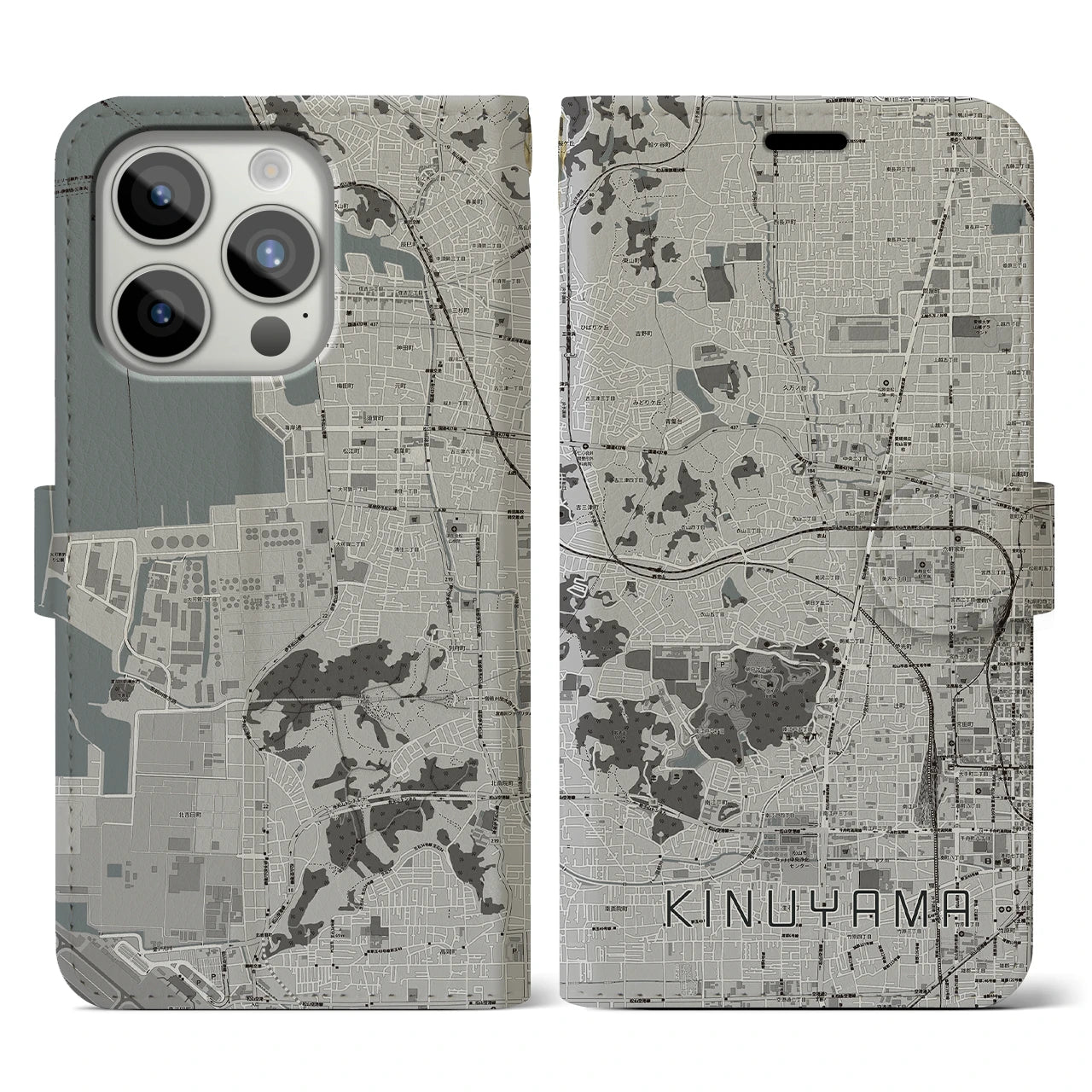 【衣山(愛媛県)】地図柄iPhoneケース(手帳タイプ)モノトーン・iPhone 15 Pro 用