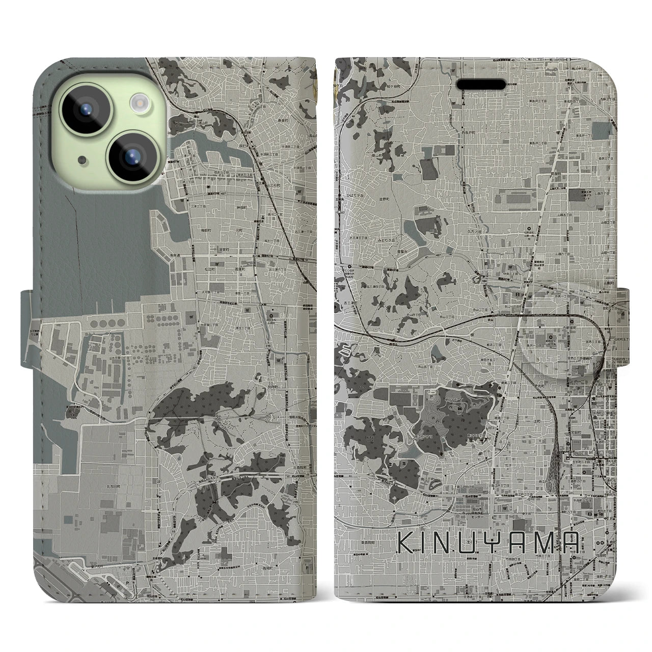【衣山(愛媛県)】地図柄iPhoneケース(手帳タイプ)モノトーン・iPhone 15 用