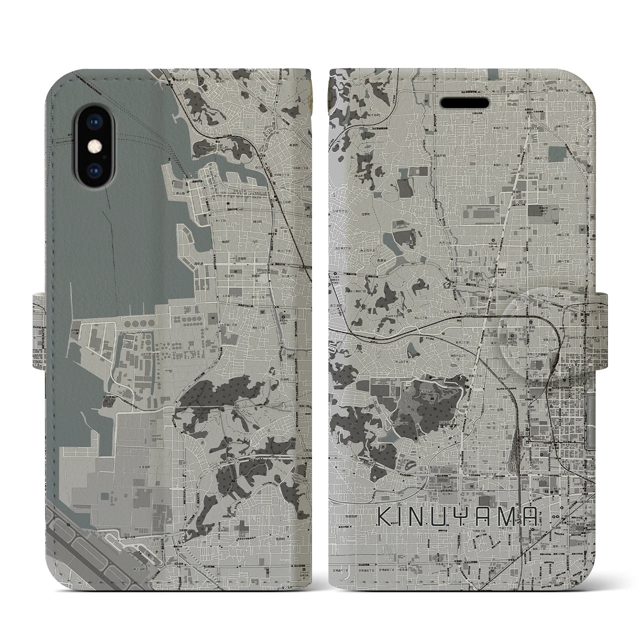 【衣山(愛媛県)】地図柄iPhoneケース(手帳タイプ)モノトーン・iPhone XS / X 用