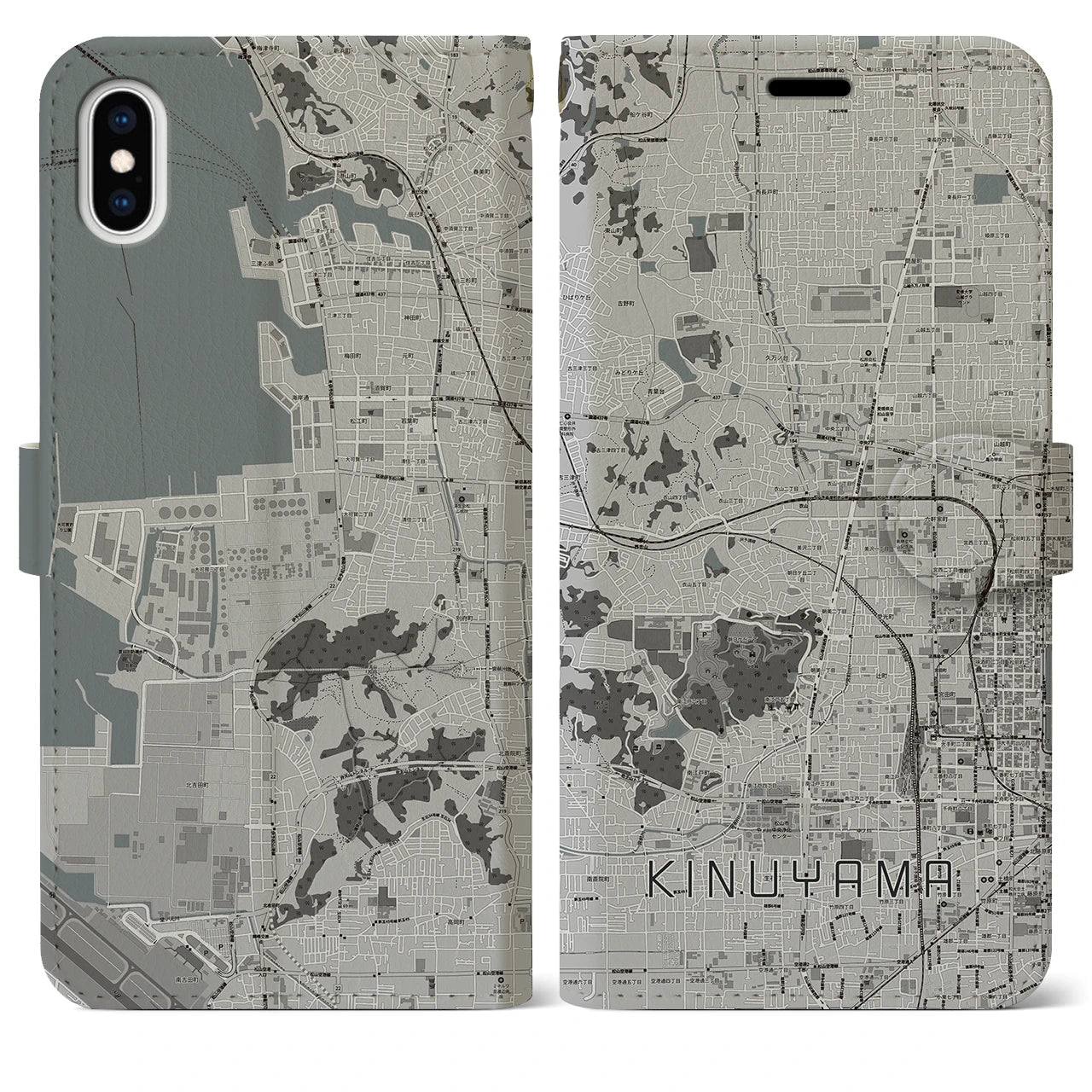 【衣山(愛媛県)】地図柄iPhoneケース(手帳タイプ)モノトーン・iPhone XS Max 用