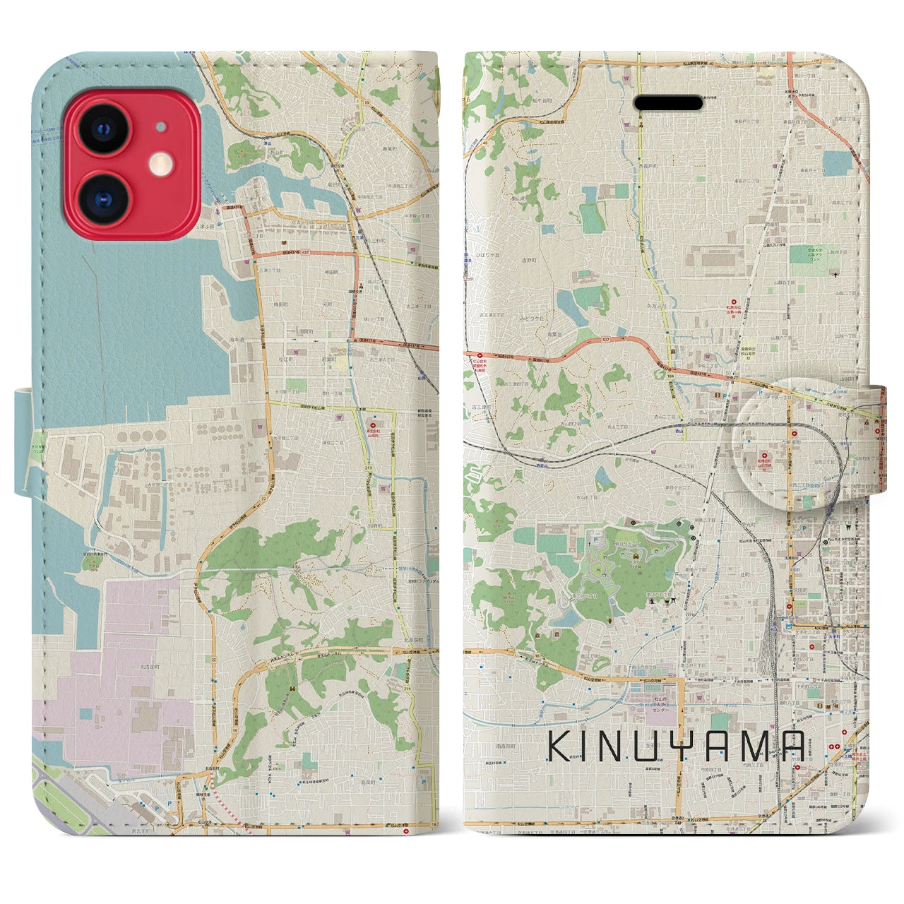 【衣山(愛媛県)】地図柄iPhoneケース(手帳タイプ)ナチュラル・iPhone 11 用