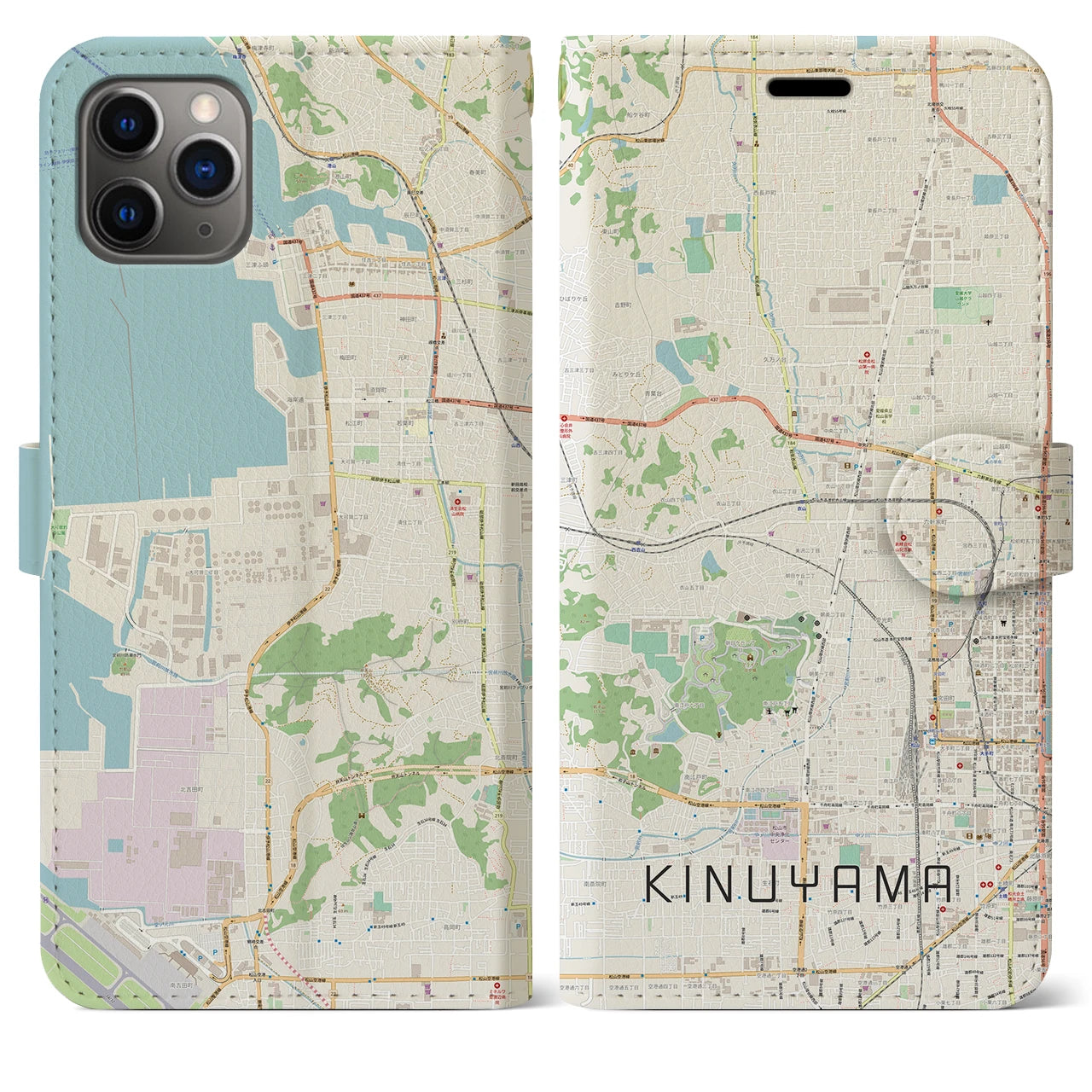 【衣山(愛媛県)】地図柄iPhoneケース(手帳タイプ)ナチュラル・iPhone 11 Pro Max 用