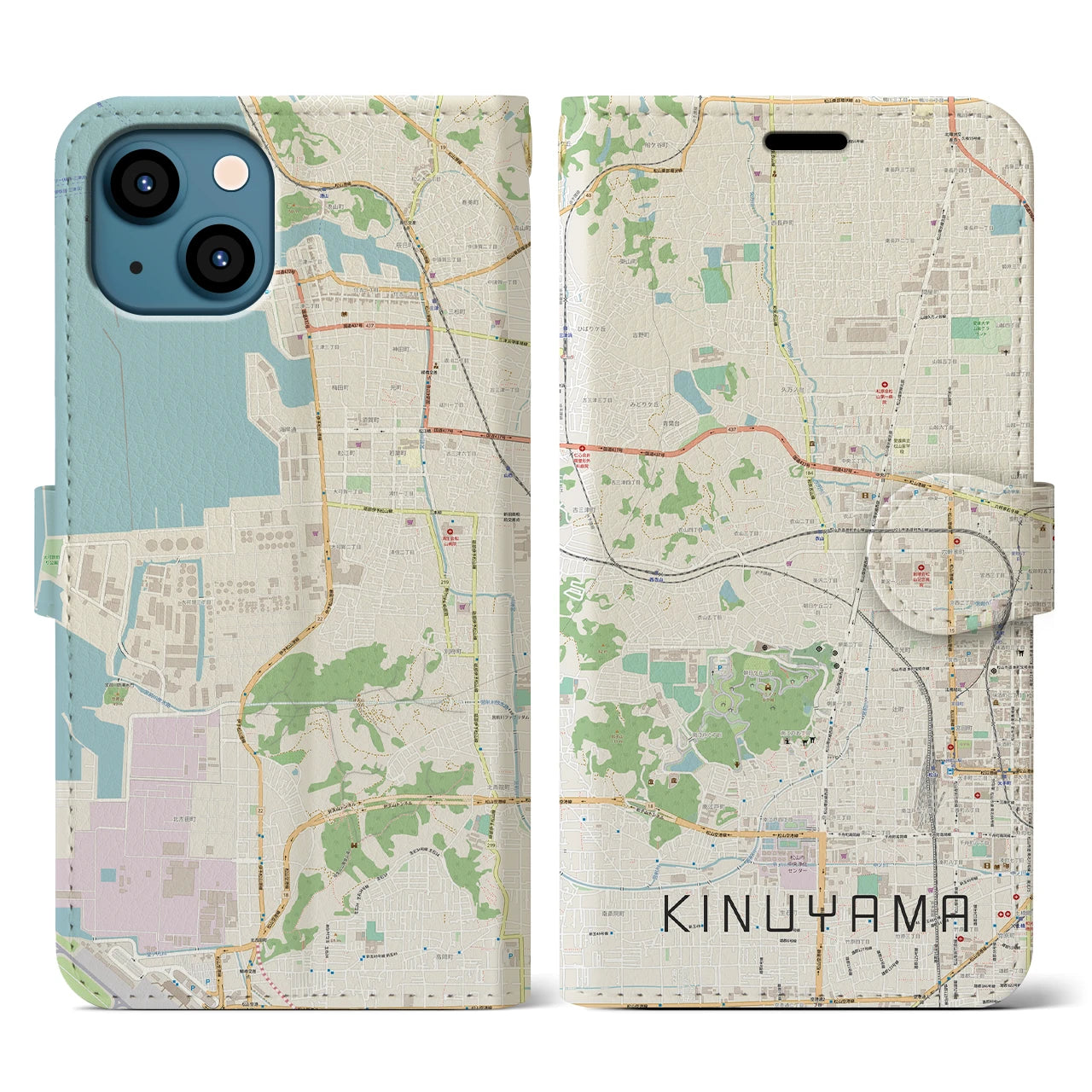 【衣山(愛媛県)】地図柄iPhoneケース(手帳タイプ)ナチュラル・iPhone 13 用
