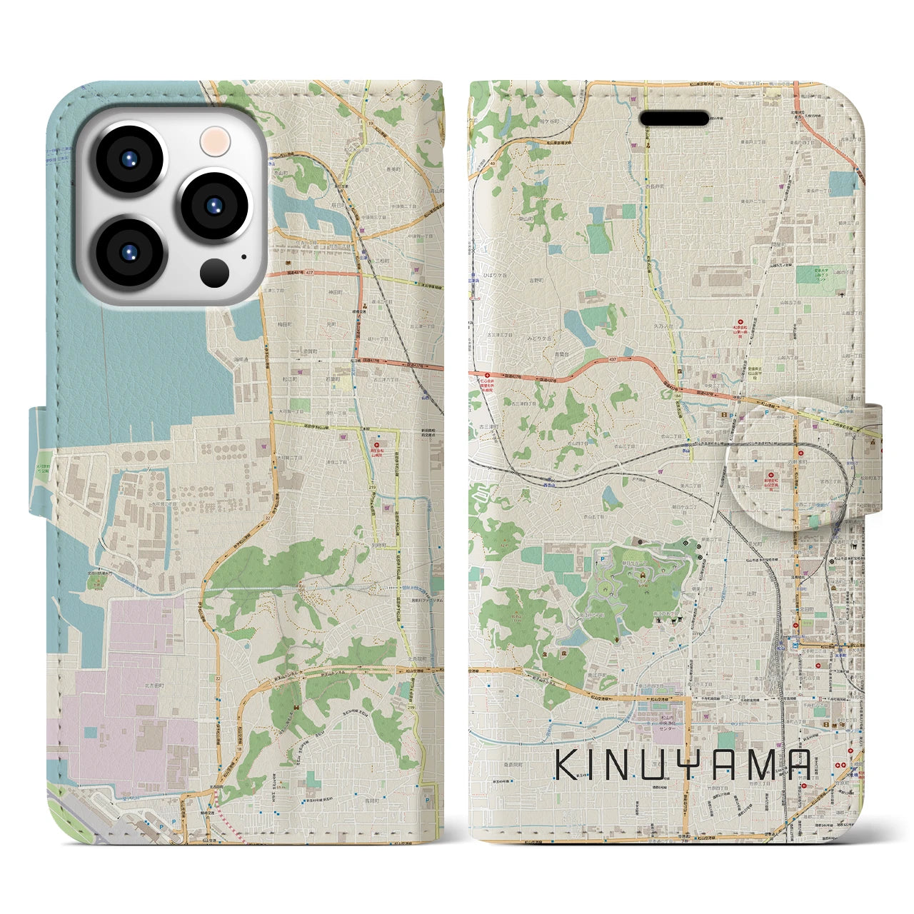 【衣山(愛媛県)】地図柄iPhoneケース(手帳タイプ)ナチュラル・iPhone 13 Pro 用