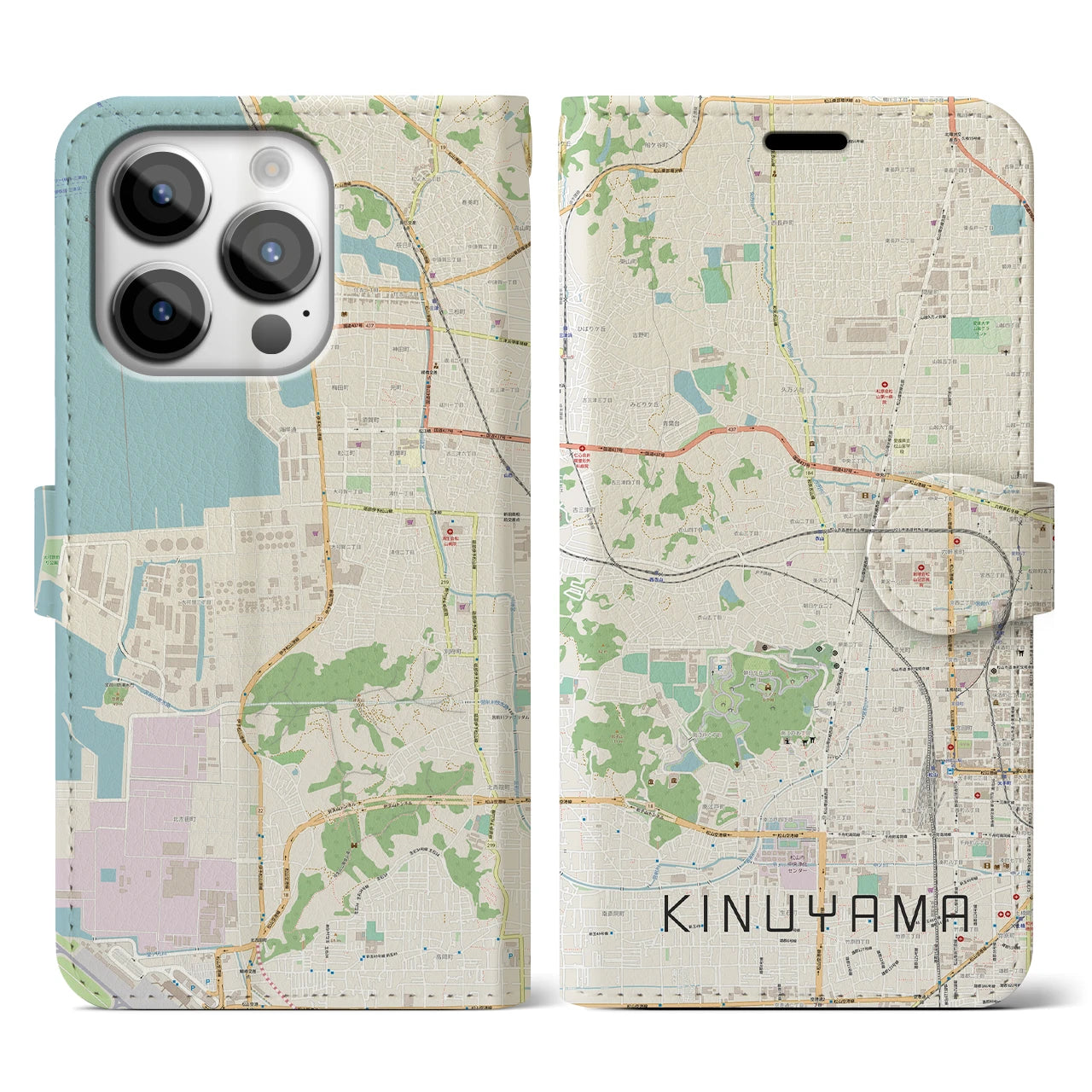【衣山(愛媛県)】地図柄iPhoneケース(手帳タイプ)ナチュラル・iPhone 14 Pro 用