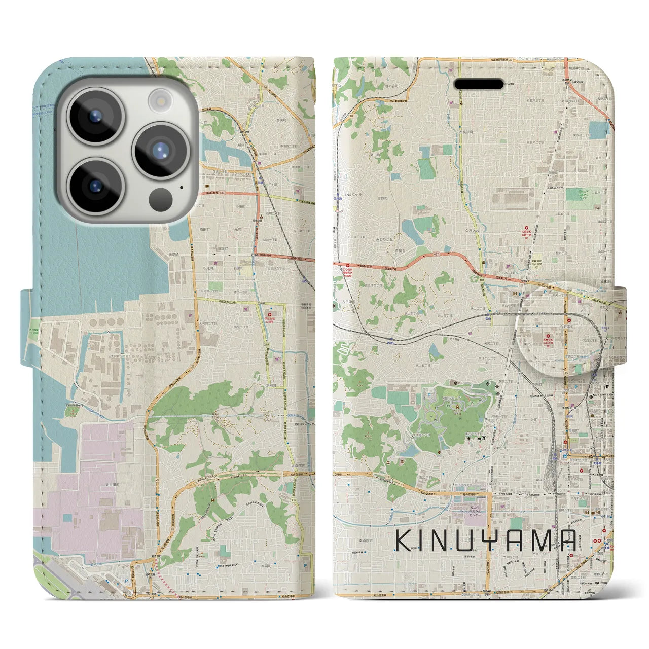 【衣山(愛媛県)】地図柄iPhoneケース(手帳タイプ)ナチュラル・iPhone 15 Pro 用