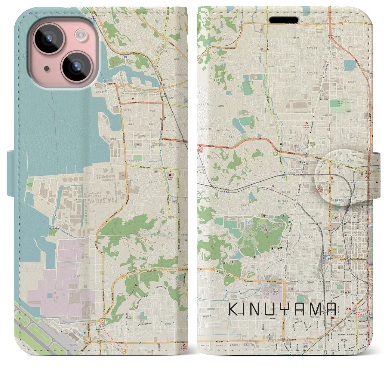 【衣山(愛媛県)】地図柄iPhoneケース(手帳タイプ)ナチュラル・iPhone 15 Plus 用