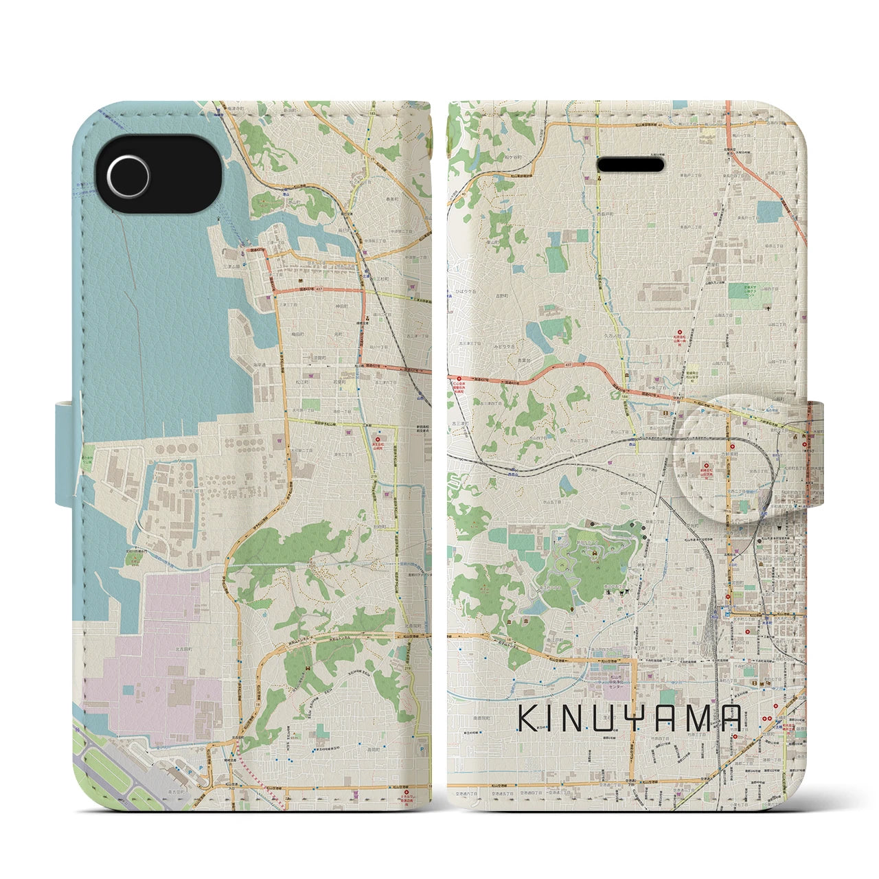 【衣山(愛媛県)】地図柄iPhoneケース(手帳タイプ)ナチュラル・iPhone SE(第3 / 第2世代) / 8 / 7 / 6s / 6 用
