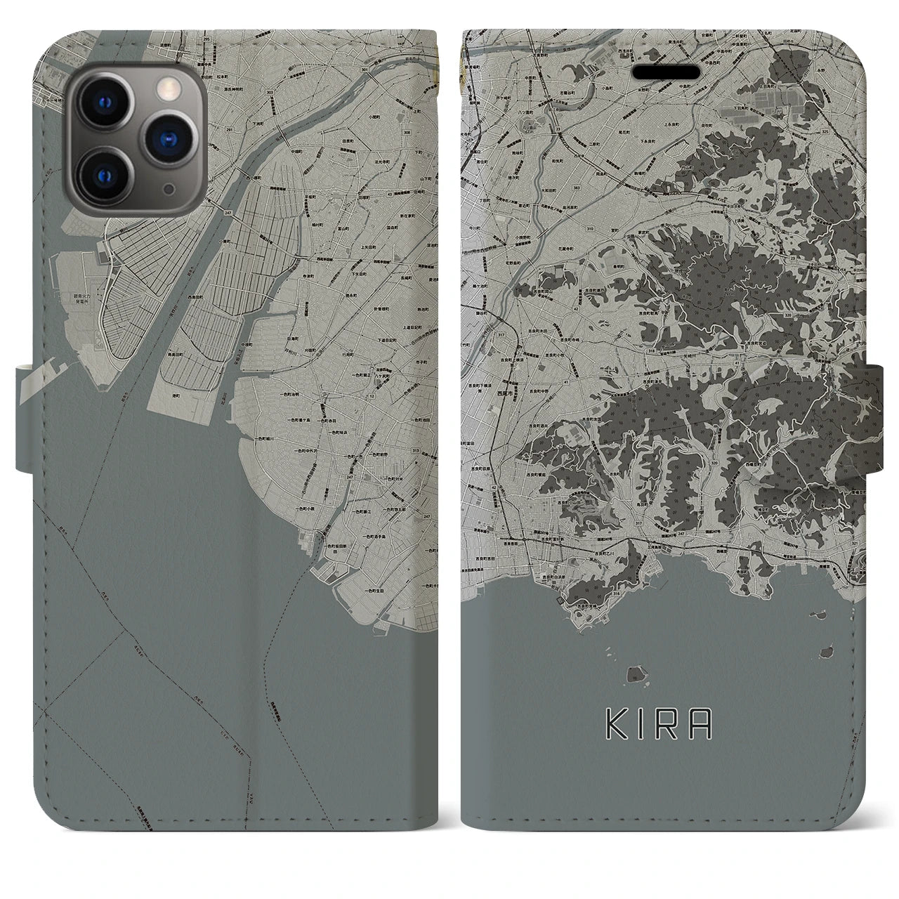 【吉良(愛知県)】地図柄iPhoneケース(手帳タイプ)モノトーン・iPhone 11 Pro Max 用