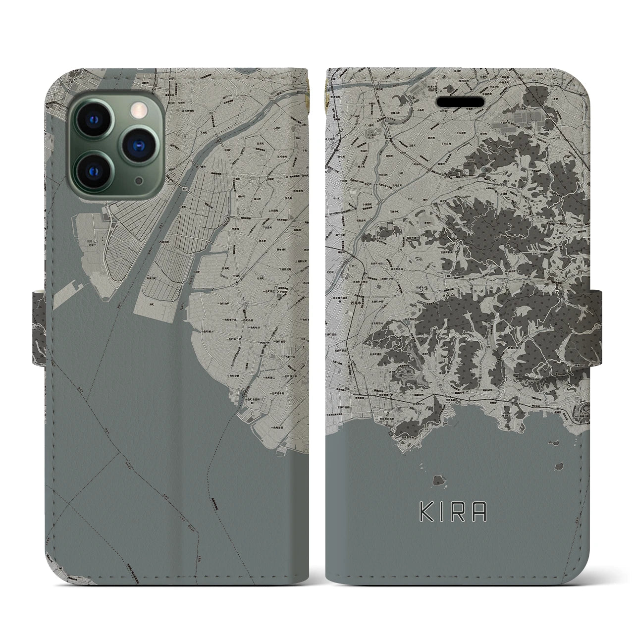 【吉良(愛知県)】地図柄iPhoneケース(手帳タイプ)モノトーン・iPhone 11 Pro 用