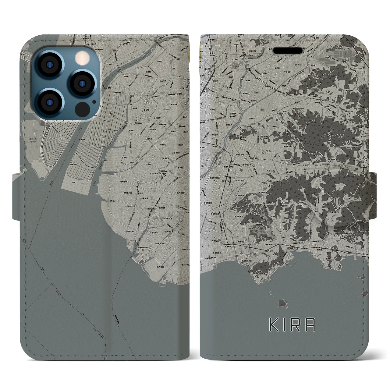 【吉良(愛知県)】地図柄iPhoneケース(手帳タイプ)モノトーン・iPhone 12 / 12 Pro 用