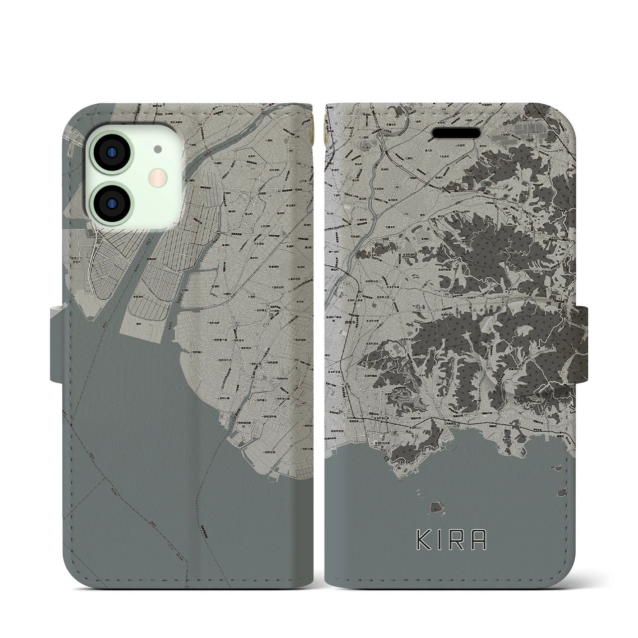 【吉良(愛知県)】地図柄iPhoneケース(手帳タイプ)モノトーン・iPhone 12 mini 用