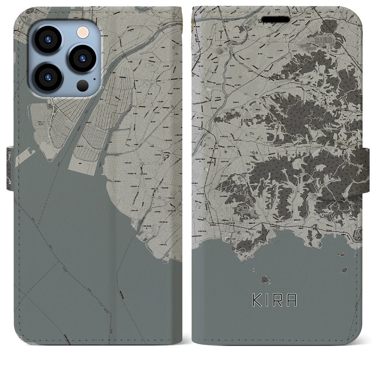 【吉良(愛知県)】地図柄iPhoneケース(手帳タイプ)モノトーン・iPhone 13 Pro Max 用