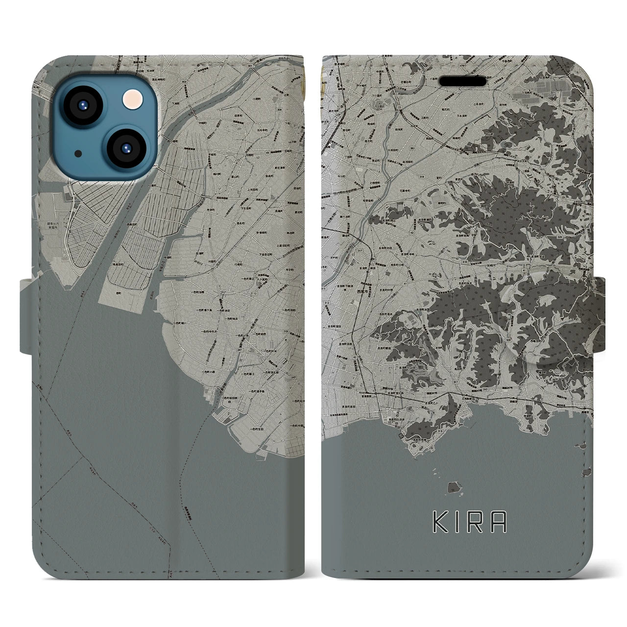 【吉良(愛知県)】地図柄iPhoneケース(手帳タイプ)モノトーン・iPhone 13 用