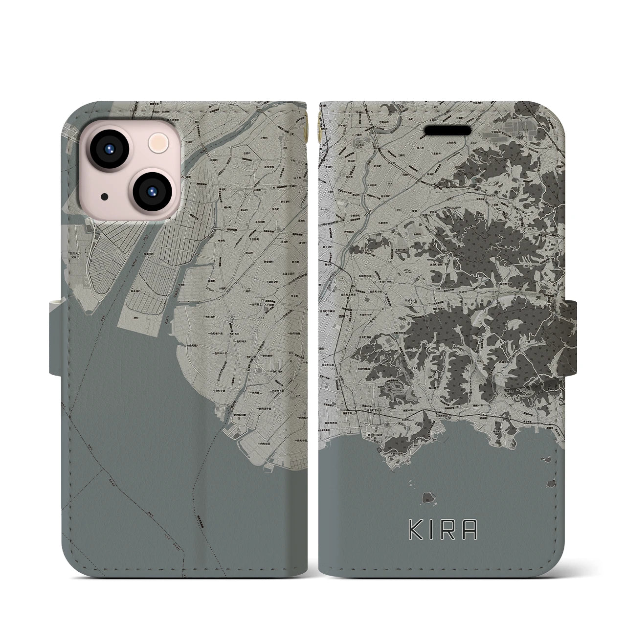 【吉良(愛知県)】地図柄iPhoneケース(手帳タイプ)モノトーン・iPhone 13 mini 用