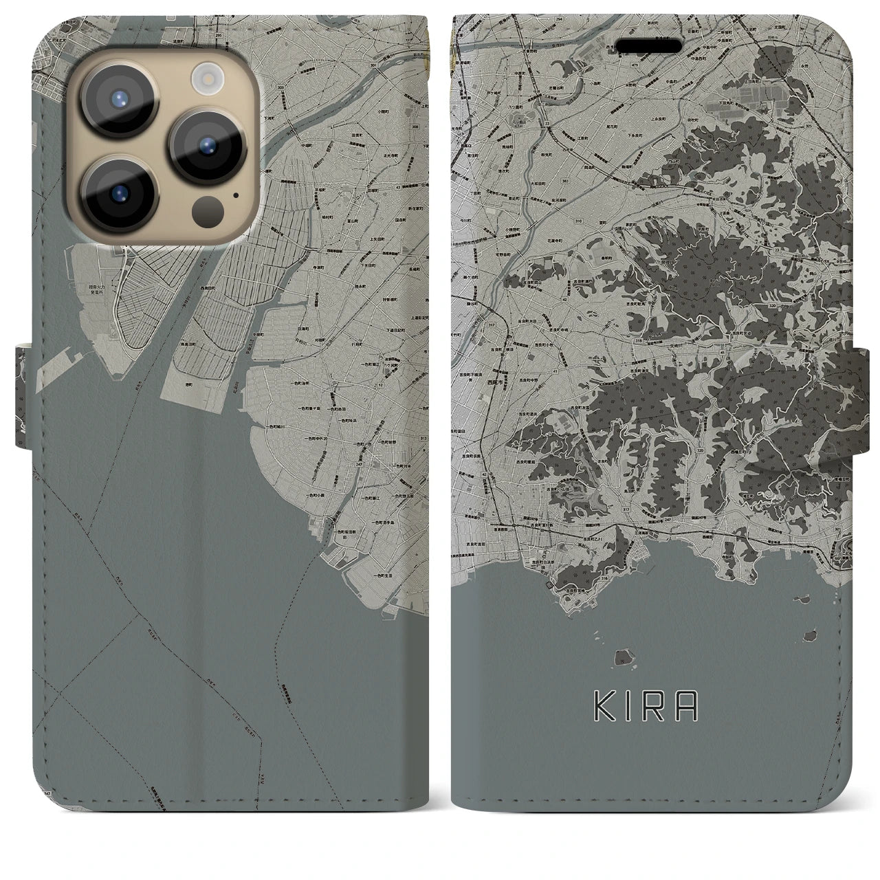 【吉良(愛知県)】地図柄iPhoneケース(手帳タイプ)モノトーン・iPhone 14 Pro Max 用