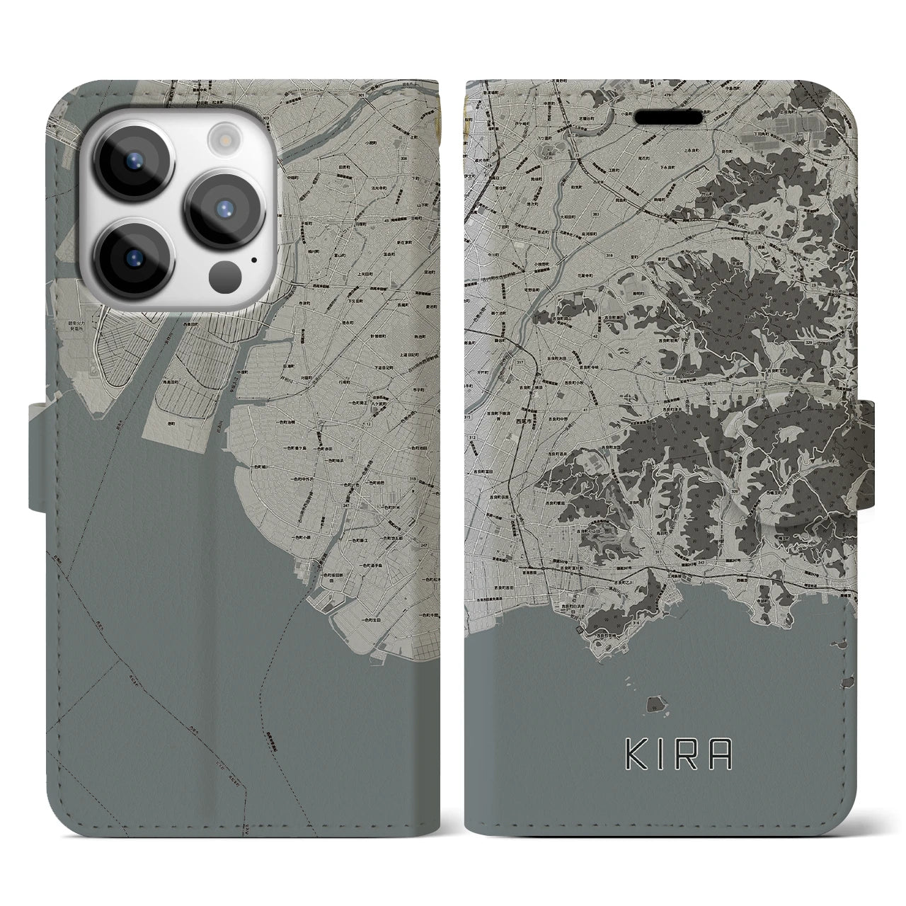 【吉良(愛知県)】地図柄iPhoneケース(手帳タイプ)モノトーン・iPhone 14 Pro 用