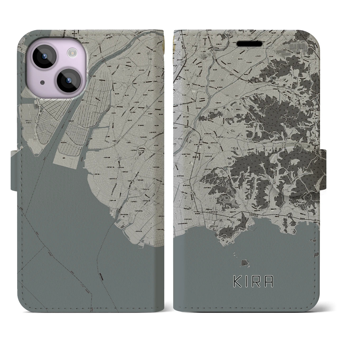 【吉良(愛知県)】地図柄iPhoneケース(手帳タイプ)モノトーン・iPhone 14 用