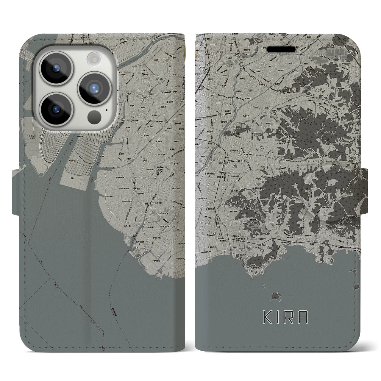 【吉良(愛知県)】地図柄iPhoneケース(手帳タイプ)モノトーン・iPhone 15 Pro 用