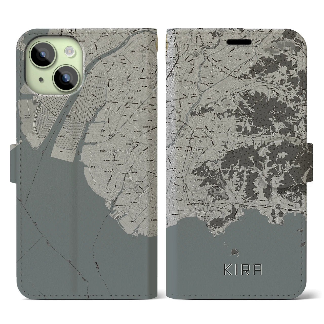 【吉良(愛知県)】地図柄iPhoneケース(手帳タイプ)モノトーン・iPhone 15 用