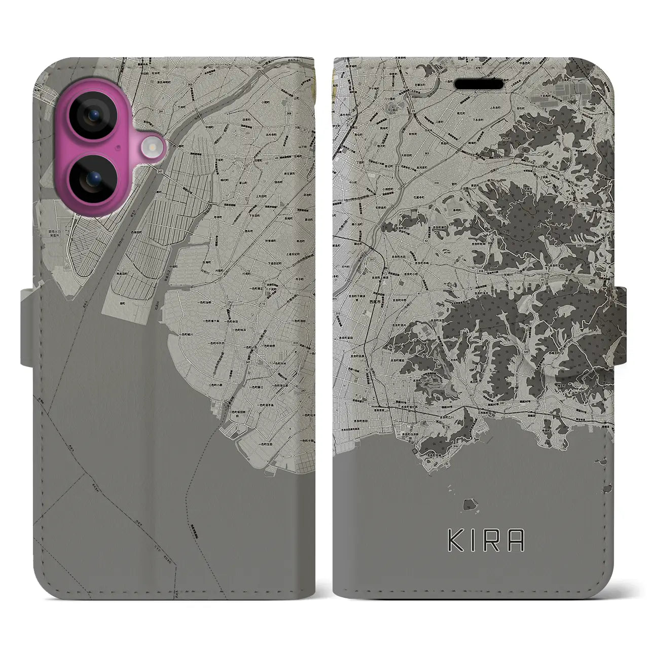 【吉良(愛知県)】地図柄iPhoneケース(手帳タイプ)モノトーン・iPhone 16 Pro 用