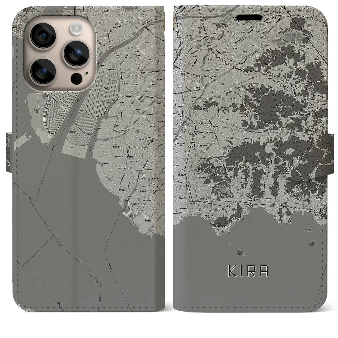 【吉良(愛知県)】地図柄iPhoneケース(手帳タイプ)モノトーン・iPhone 16 Plus 用