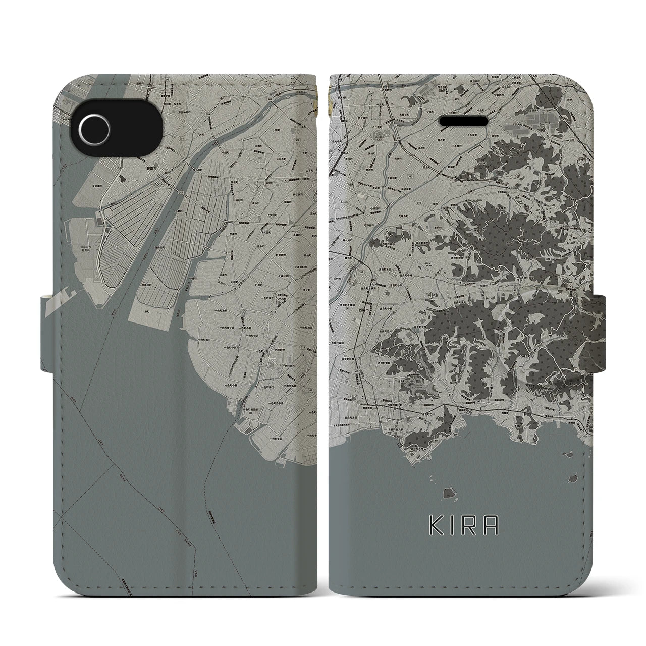 【吉良(愛知県)】地図柄iPhoneケース(手帳タイプ)モノトーン・iPhone SE(第3 / 第2世代) / 8 / 7 / 6s / 6 用