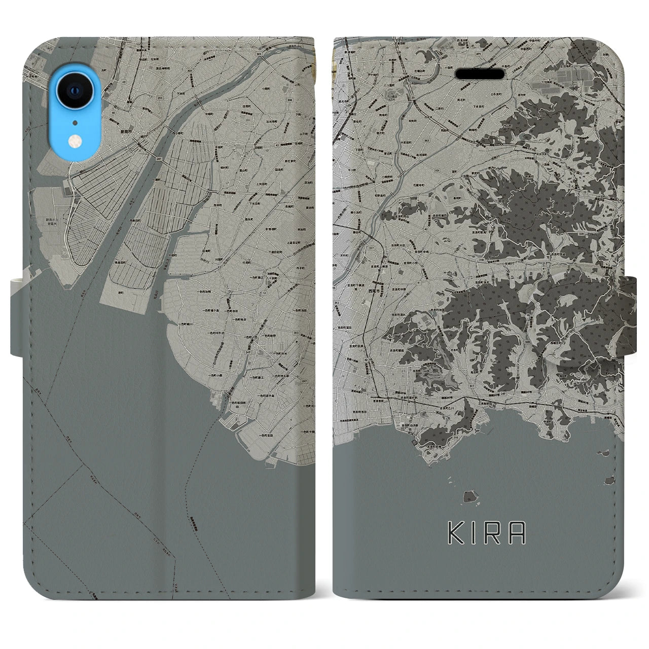 【吉良(愛知県)】地図柄iPhoneケース(手帳タイプ)モノトーン・iPhone XR 用