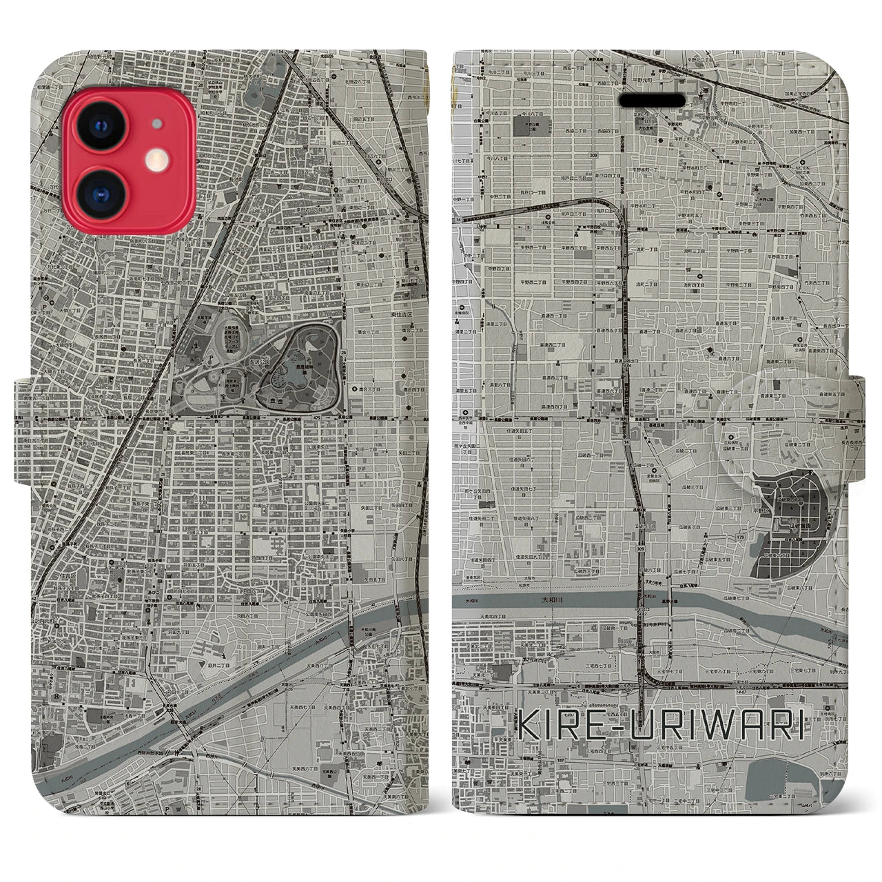 【喜連瓜破(大阪府)】地図柄iPhoneケース(手帳タイプ)モノトーン・iPhone 11 用