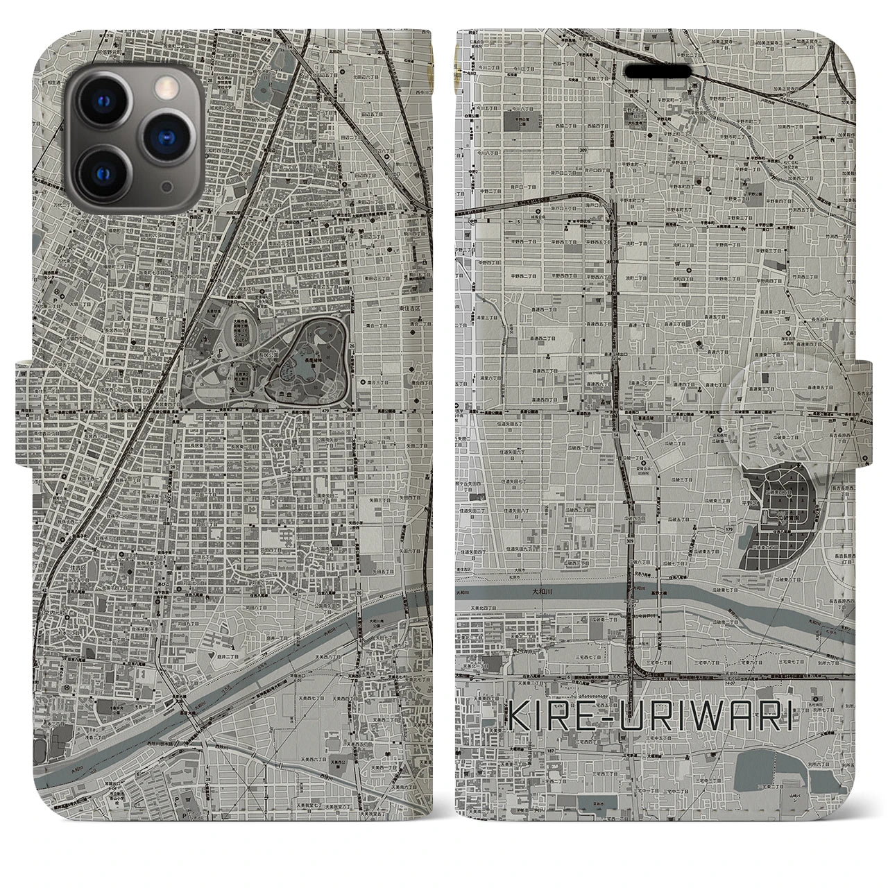 【喜連瓜破(大阪府)】地図柄iPhoneケース(手帳タイプ)モノトーン・iPhone 11 Pro Max 用