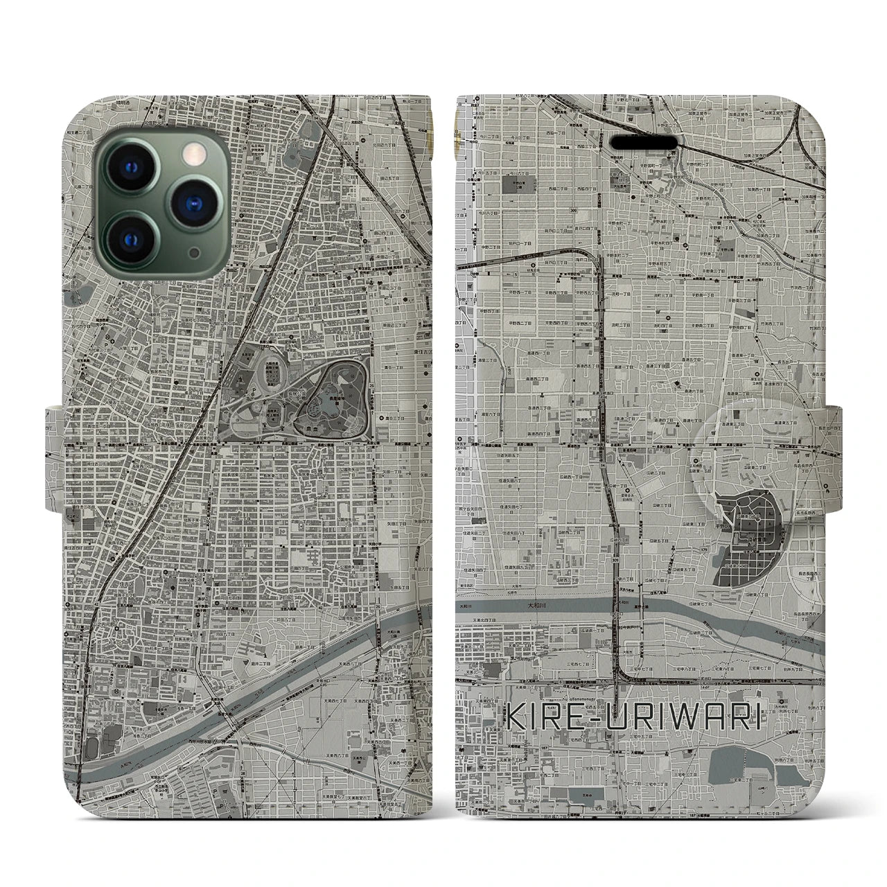 【喜連瓜破(大阪府)】地図柄iPhoneケース(手帳タイプ)モノトーン・iPhone 11 Pro 用