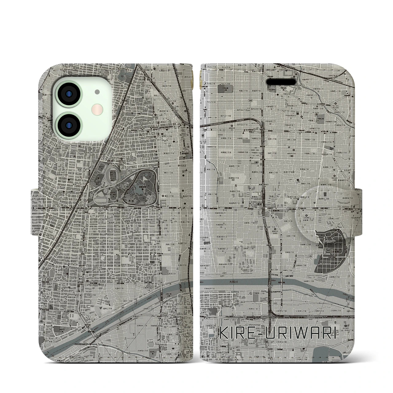 【喜連瓜破(大阪府)】地図柄iPhoneケース(手帳タイプ)モノトーン・iPhone 12 mini 用