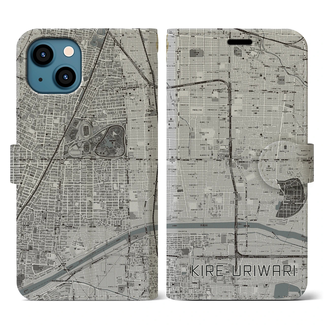 【喜連瓜破(大阪府)】地図柄iPhoneケース(手帳タイプ)モノトーン・iPhone 13 用