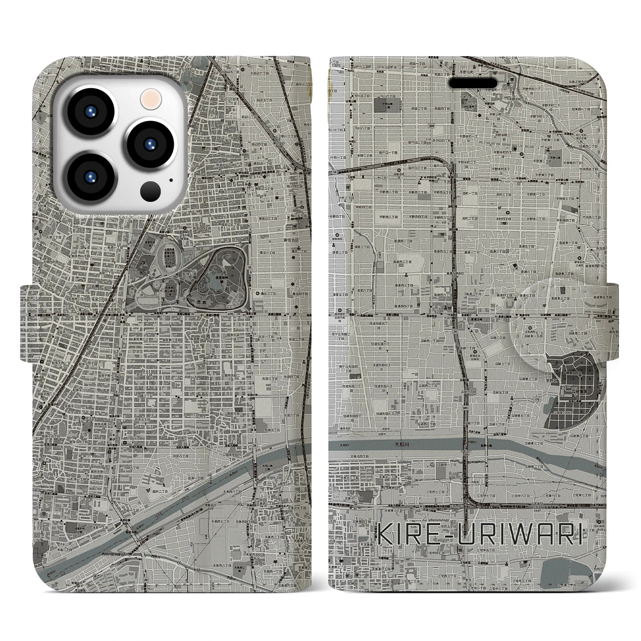 【喜連瓜破(大阪府)】地図柄iPhoneケース(手帳タイプ)モノトーン・iPhone 13 Pro 用