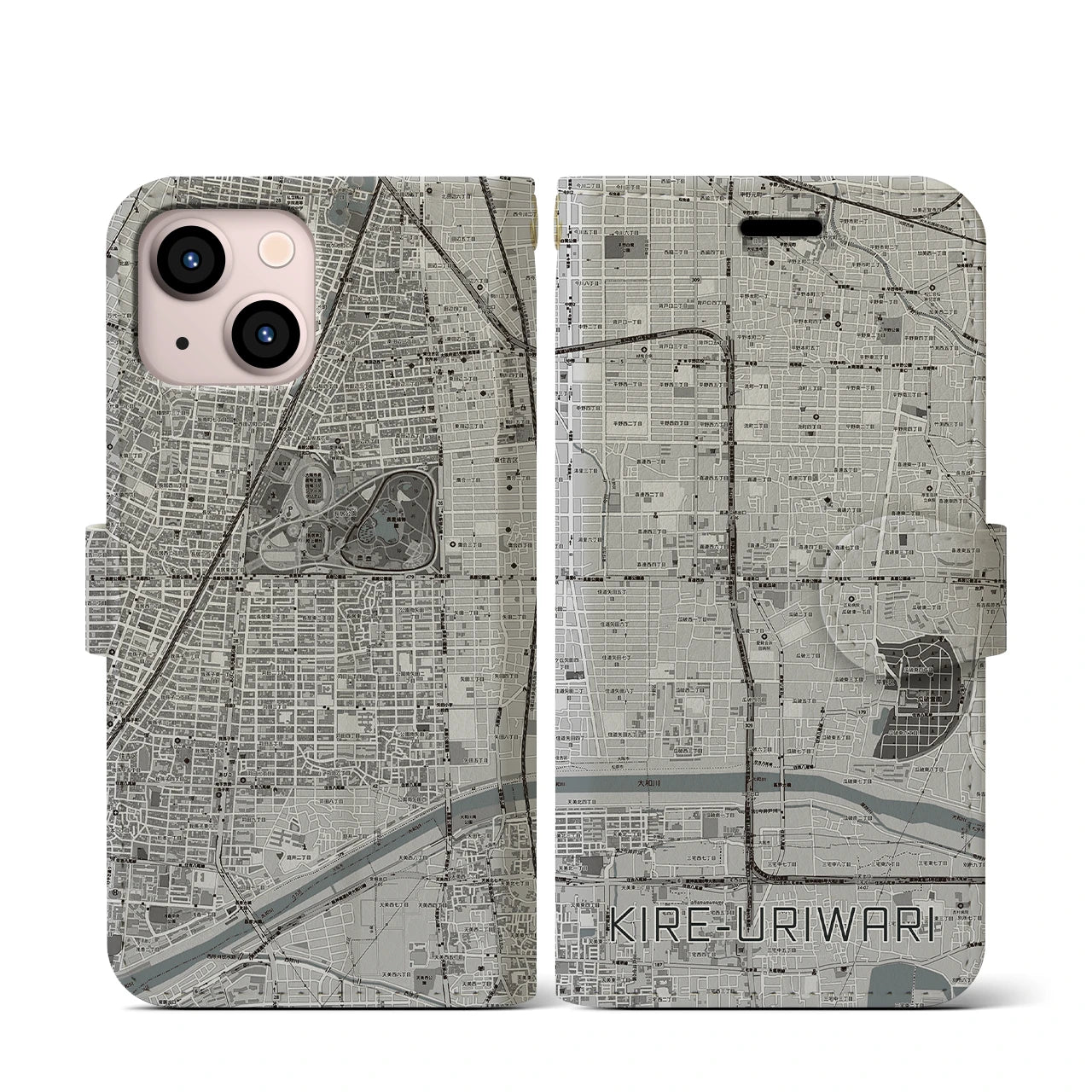 【喜連瓜破(大阪府)】地図柄iPhoneケース(手帳タイプ)モノトーン・iPhone 13 mini 用