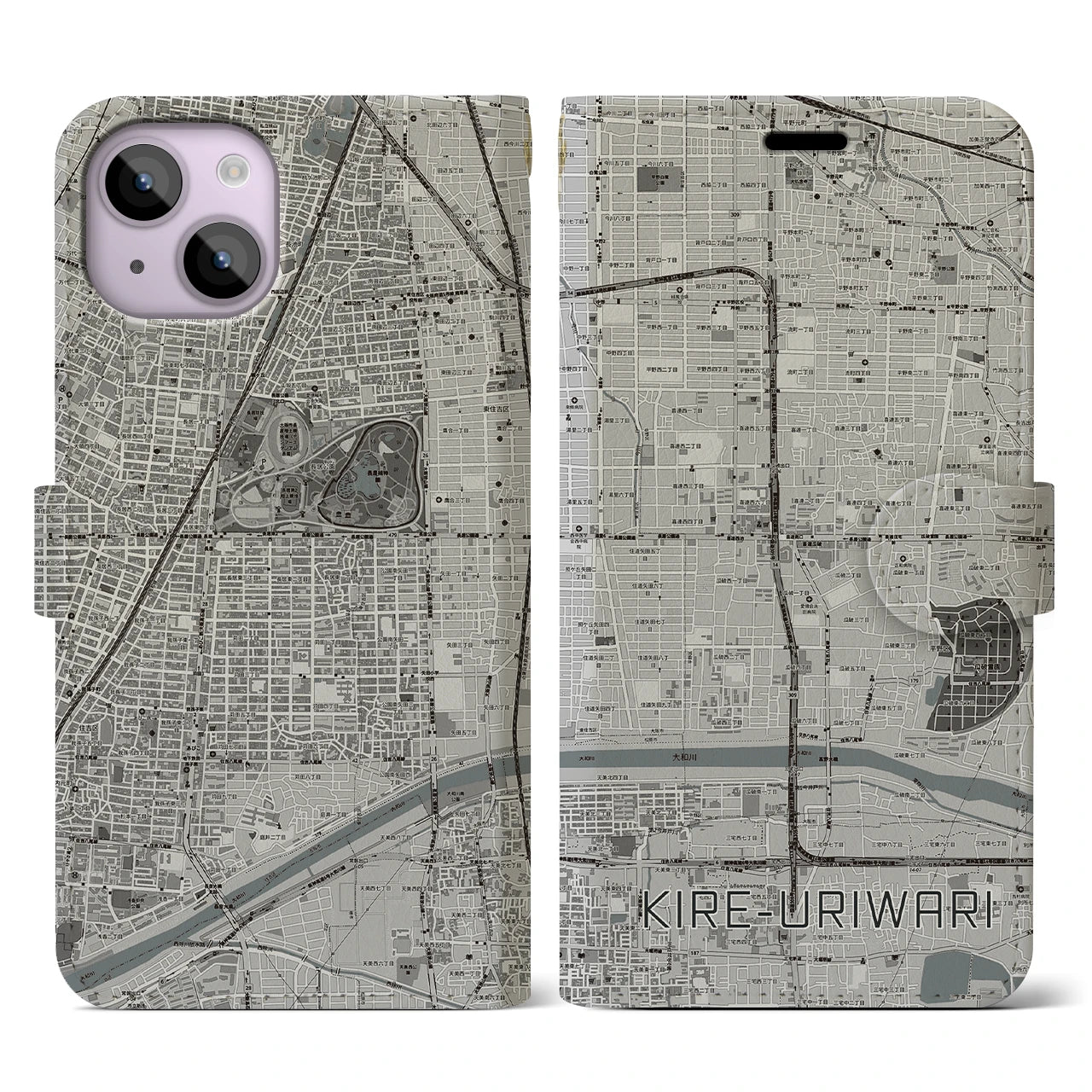 【喜連瓜破(大阪府)】地図柄iPhoneケース(手帳タイプ)モノトーン・iPhone 14 用