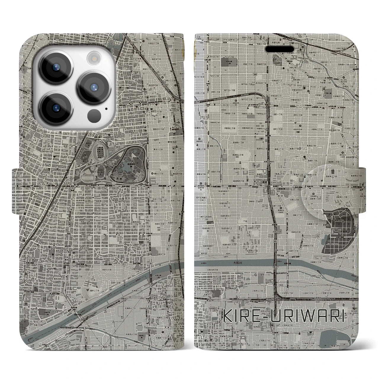 【喜連瓜破(大阪府)】地図柄iPhoneケース(手帳タイプ)モノトーン・iPhone 14 Pro 用