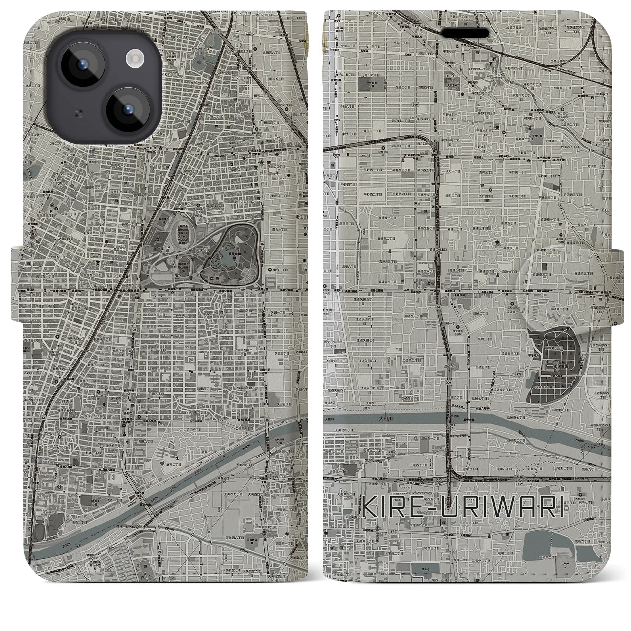 【喜連瓜破(大阪府)】地図柄iPhoneケース(手帳タイプ)モノトーン・iPhone 14 Plus 用