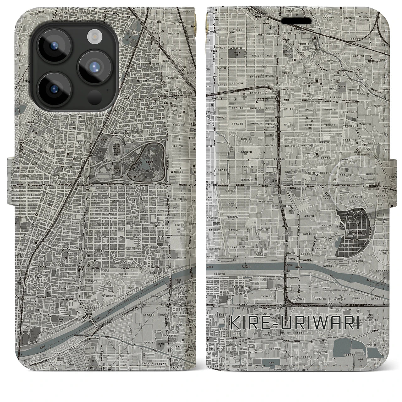 【喜連瓜破(大阪府)】地図柄iPhoneケース(手帳タイプ)モノトーン・iPhone 15 Pro Max 用