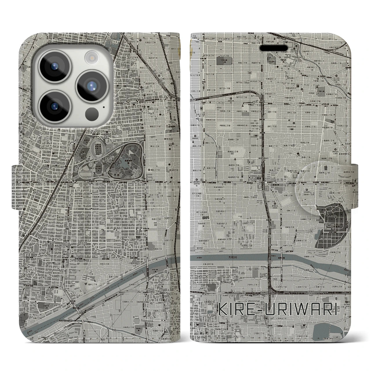 【喜連瓜破(大阪府)】地図柄iPhoneケース(手帳タイプ)モノトーン・iPhone 15 Pro 用