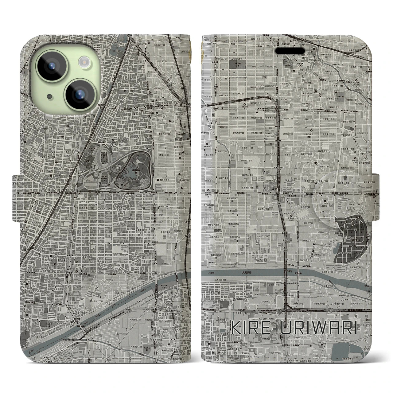 【喜連瓜破(大阪府)】地図柄iPhoneケース(手帳タイプ)モノトーン・iPhone 15 用