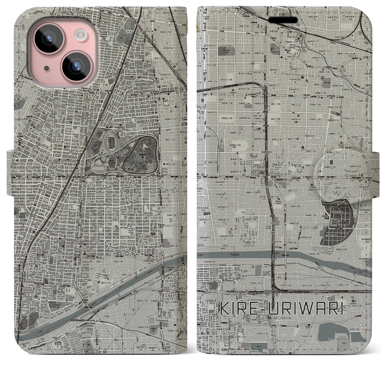 【喜連瓜破(大阪府)】地図柄iPhoneケース(手帳タイプ)モノトーン・iPhone 15 Plus 用