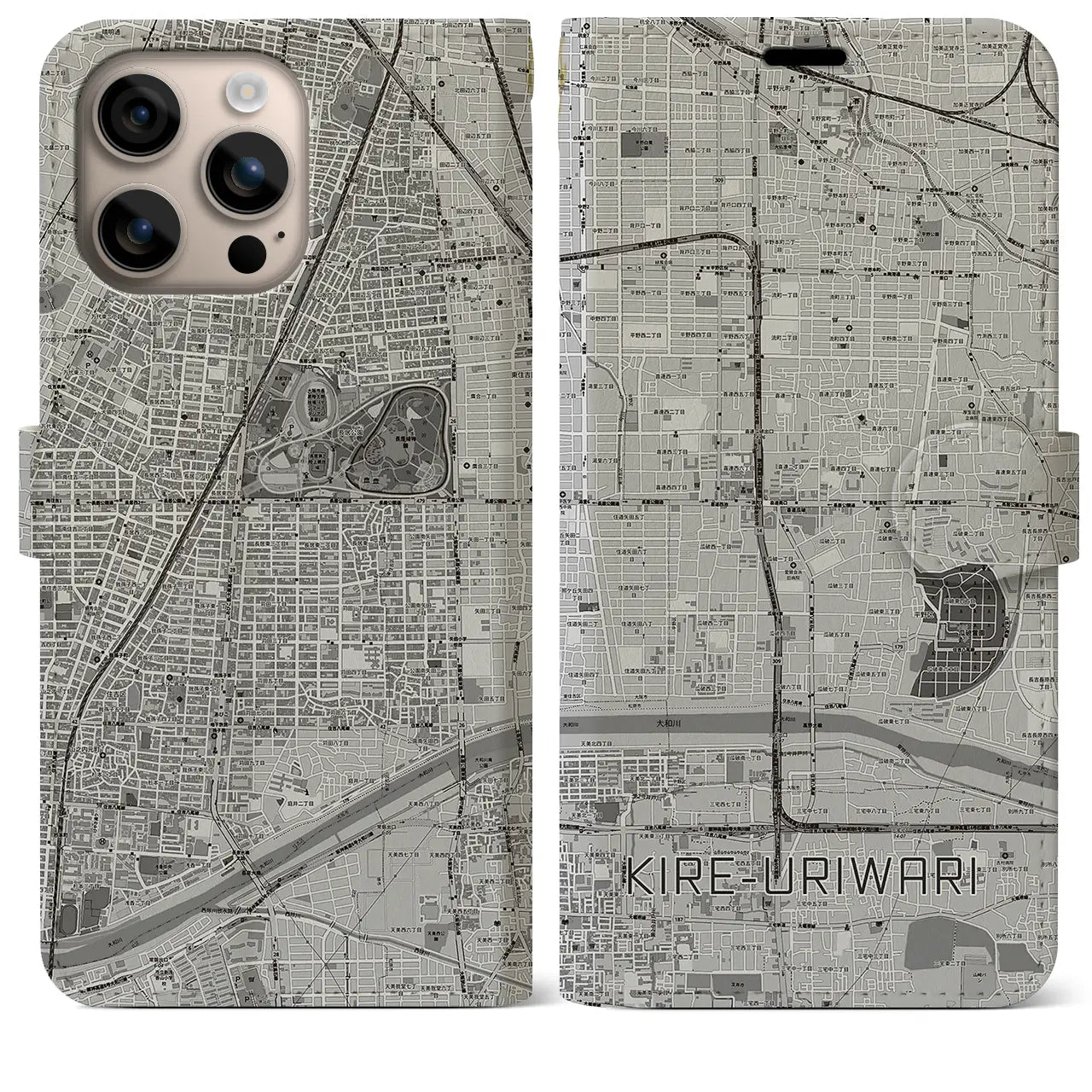 【喜連瓜破(大阪府)】地図柄iPhoneケース(手帳タイプ)モノトーン・iPhone 16 Plus 用