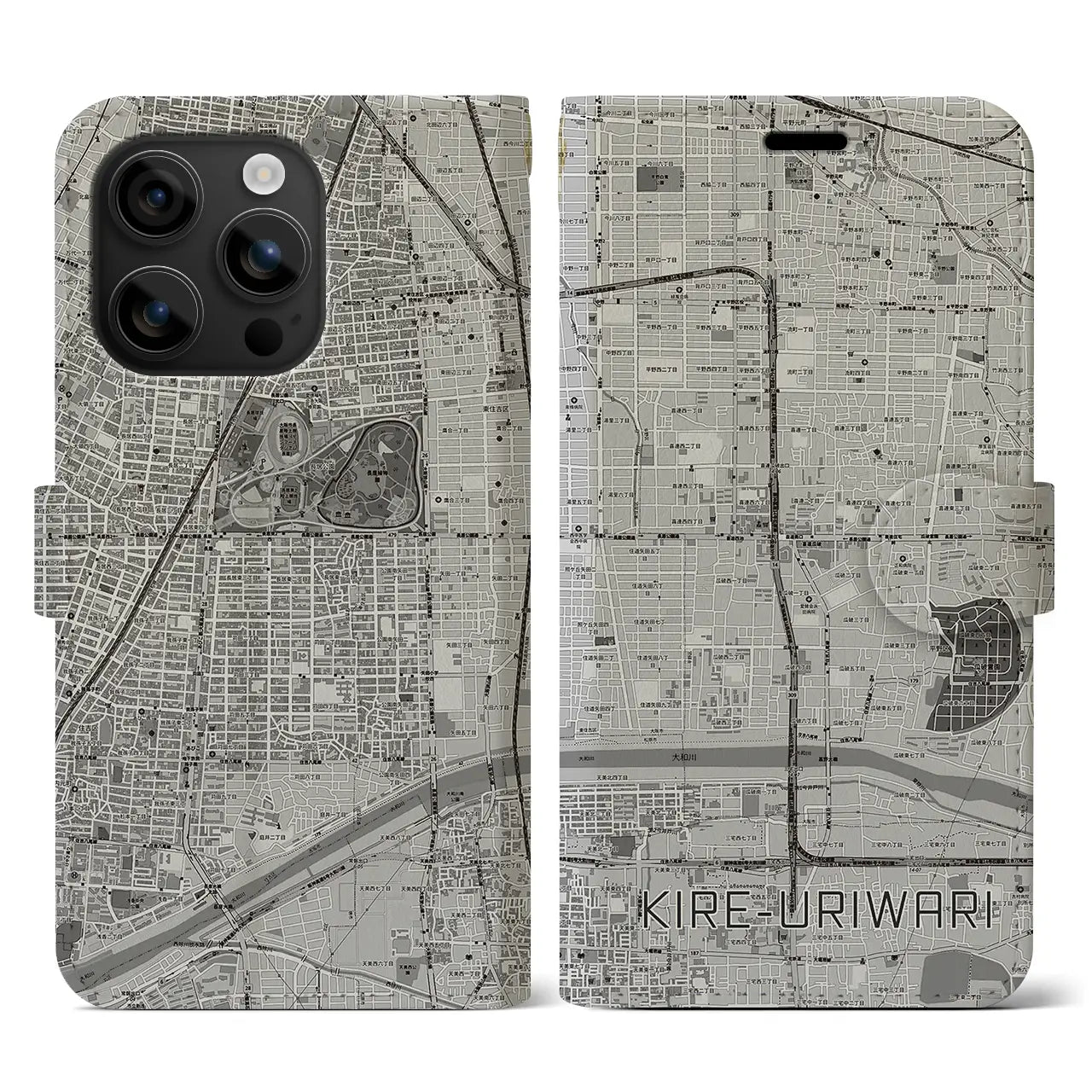 【喜連瓜破(大阪府)】地図柄iPhoneケース(手帳タイプ)モノトーン・iPhone 16 用